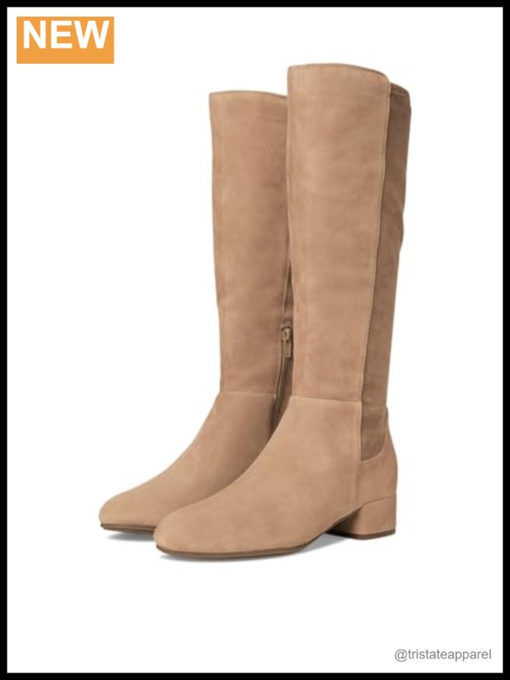 Suede Knee-High Block Heel Boots Almond Toe Zip Closure
